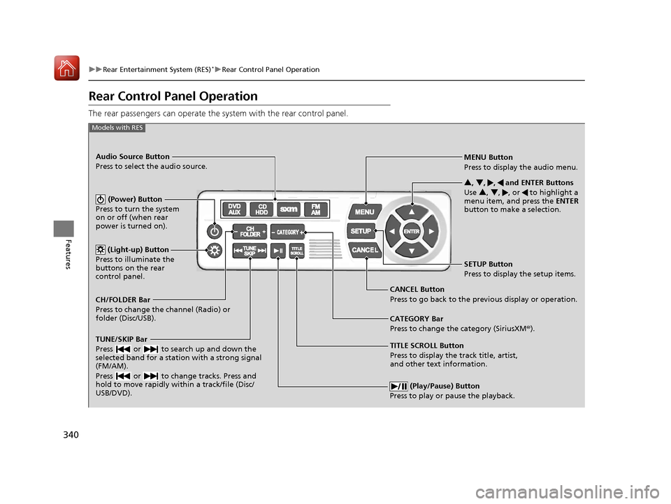 Acura MDX 2018  Owners Manual 340
uuRear Entertainment System (RES)*uRear Control Panel Operation
Features
Rear Control Panel Operation
The rear passengers can operate the  system with the rear control panel.
 (Play/Pause) Button
