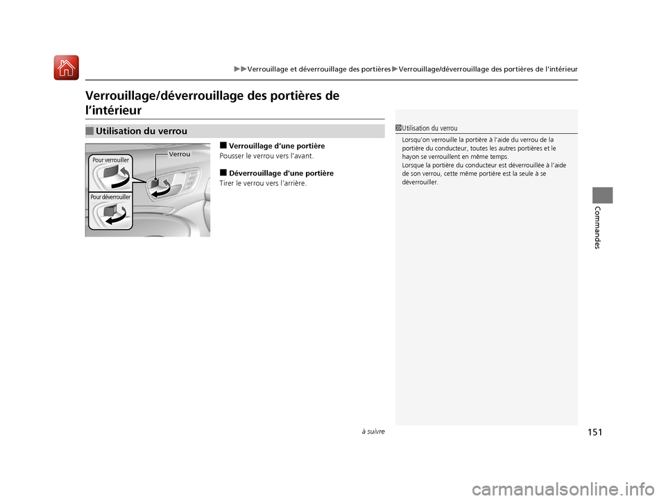 Acura MDX 2018  Manuel du propriétaire (in French) 151
uuVerrouillage et déverr ouillage des portièresuVerrouillage/déverrouillage  des portières de l’intérieur
à suivre
Commandes
Verrouillage/déverrouillage des portières de 
l’intérieur
