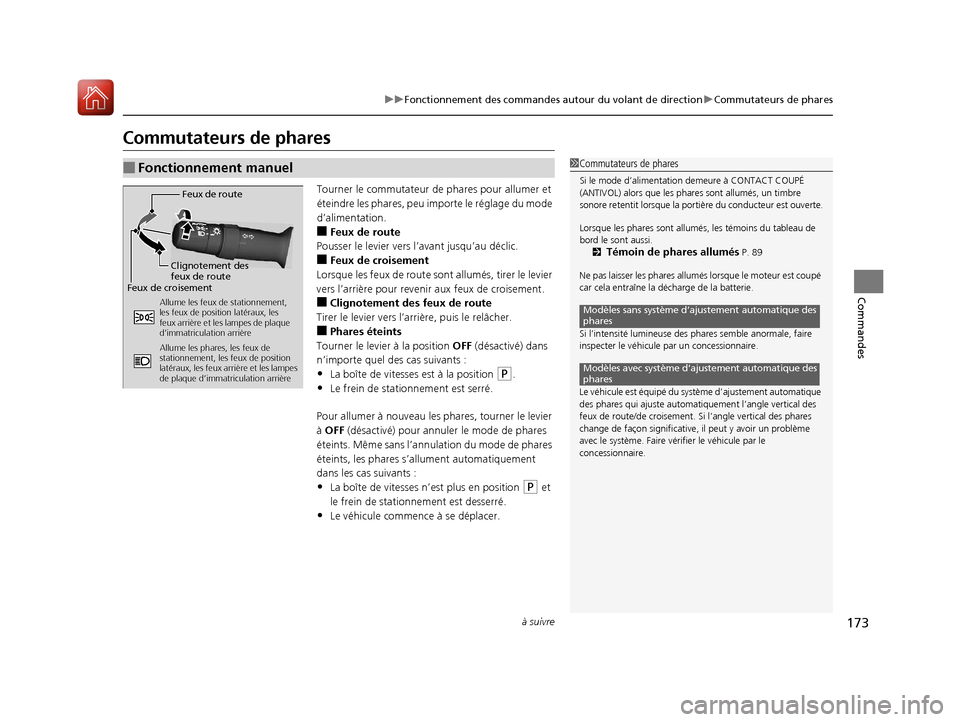 Acura MDX 2018  Manuel du propriétaire (in French) 173
uuFonctionnement des commandes autour du volant de direction uCommutateurs de phares
à suivre
Commandes
Commutateurs de phares
Tourner le commutateur de  phares pour allumer et 
éteindre les pha