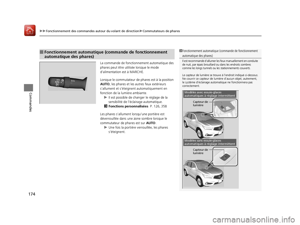 Acura MDX 2018  Manuel du propriétaire (in French) uuFonctionnement des commandes autour du volant de direction uCommutateurs de phares
174
Commandes
La commande de fonction nement automatique des 
phares peut être utili sée lorsque le mode 
d’ali