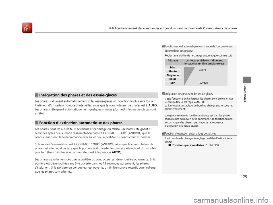 Acura MDX 2018  Manuel du propriétaire (in French) 175
uuFonctionnement des commandes autour du volant de direction uCommutateurs de phares
Commandes
Les phares s’allument automati quement si les essuie-glaces ont fonctionné plusieurs fois à 
l’