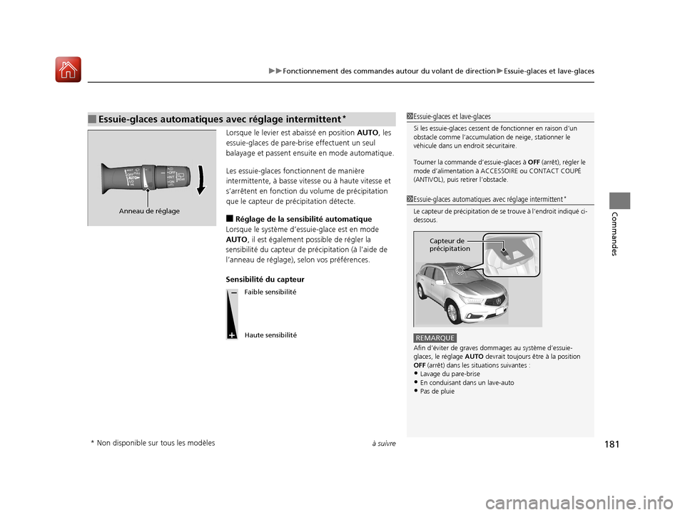 Acura MDX 2018  Manuel du propriétaire (in French) à suivre181
uuFonctionnement des commandes autour du volant de direction uEssuie-glaces et lave-glaces
Commandes
Lorsque le levier est abaissé en position AUTO , les 
essuie-glaces de pare-bri se ef