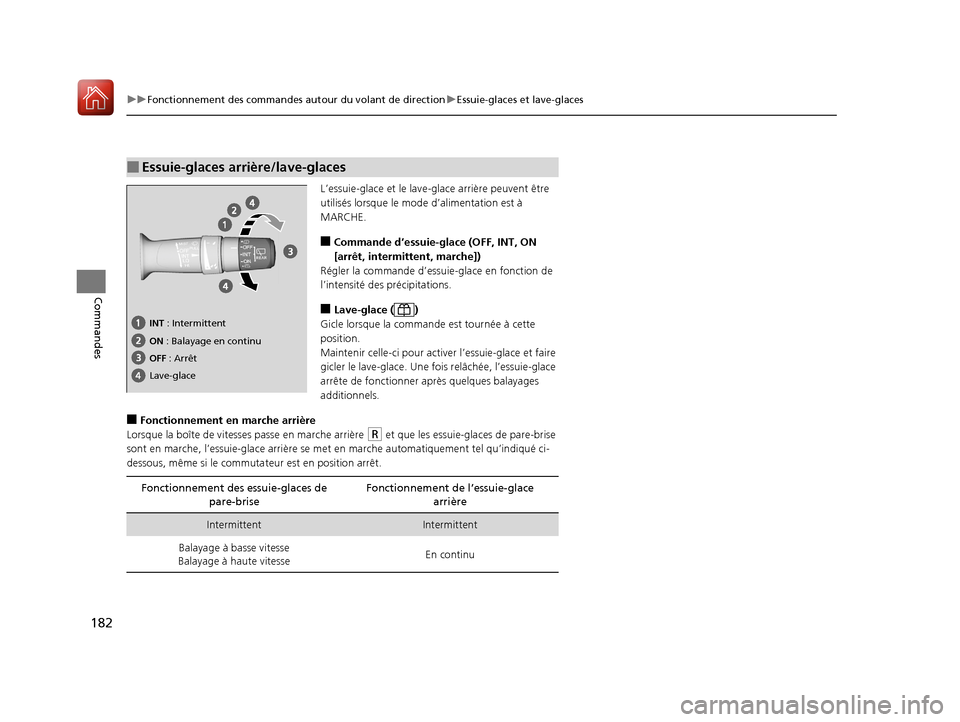 Acura MDX 2018  Manuel du propriétaire (in French) 182
uuFonctionnement des commandes autour du volant de direction uEssuie-glaces et lave-glaces
Commandes
L’essuie-glace et le lave-glace arrière peuvent être 
utilisés lorsque le mode d’aliment