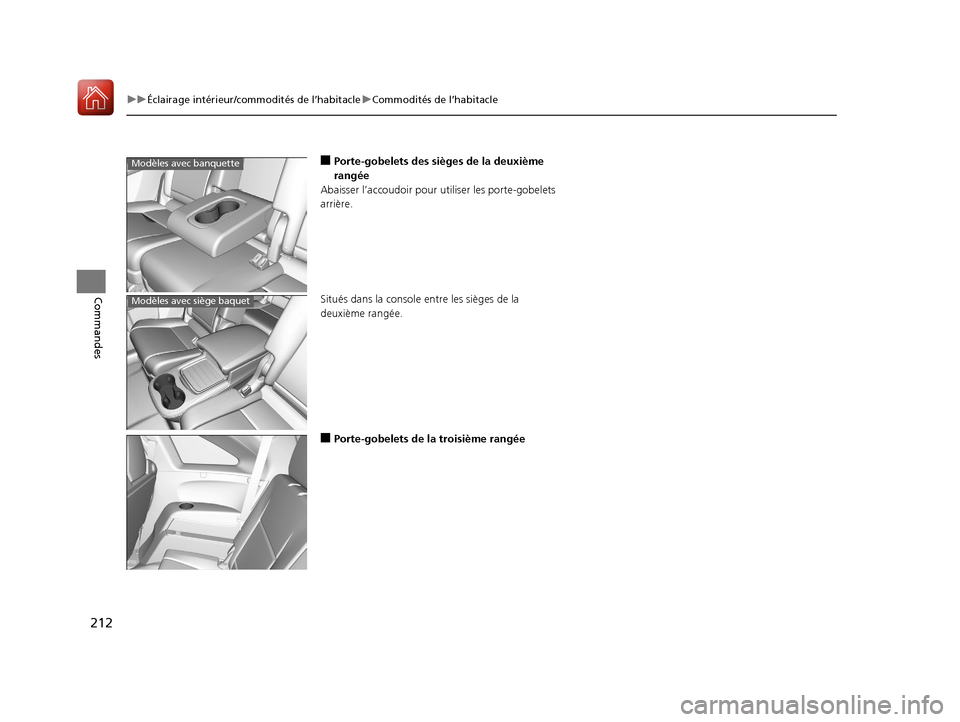 Acura MDX 2018  Manuel du propriétaire (in French) 212
uuÉclairage intérieur/commodités de l’habitacle uCommodités de l’habitacle
Commandes
■Porte-gobelets des sièges de la deuxième 
rangée
Abaisser l’accoudoir pour ut iliser les porte-