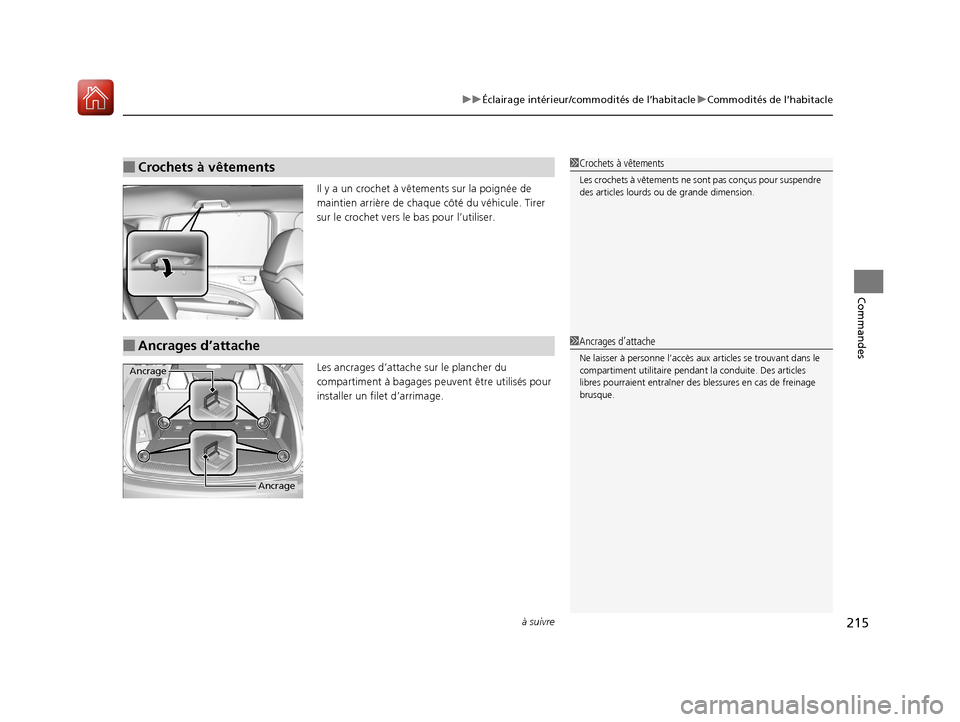 Acura MDX 2018  Manuel du propriétaire (in French) à suivre215
uuÉclairage intérieur/commodités de l’habitacle uCommodités de l’habitacle
Commandes
Il y a un crochet à vête ments sur la poignée de 
maintien arrière de chaque  côté du v