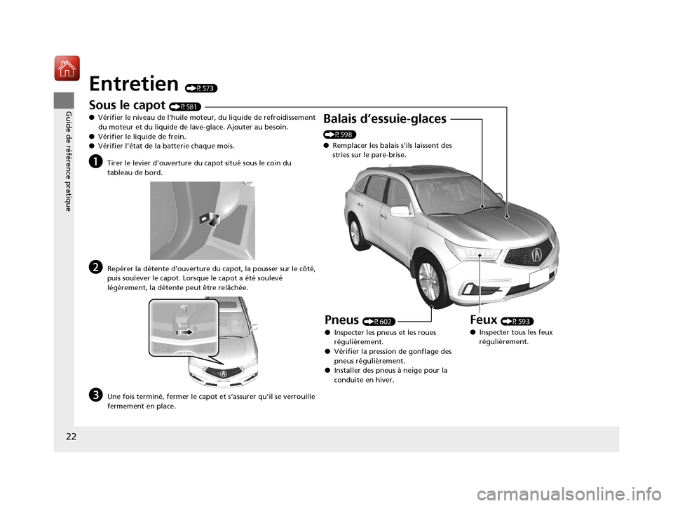 Acura MDX 2018  Manuel du propriétaire (in French) 22
Guide de référence pratique
Entretien (P573)
Sous le capot (P581)
● Vérifier le niveau de l’huile moteur, du liquide de refroidissement 
du moteur et du liquide de lave-glace. Ajouter au bes