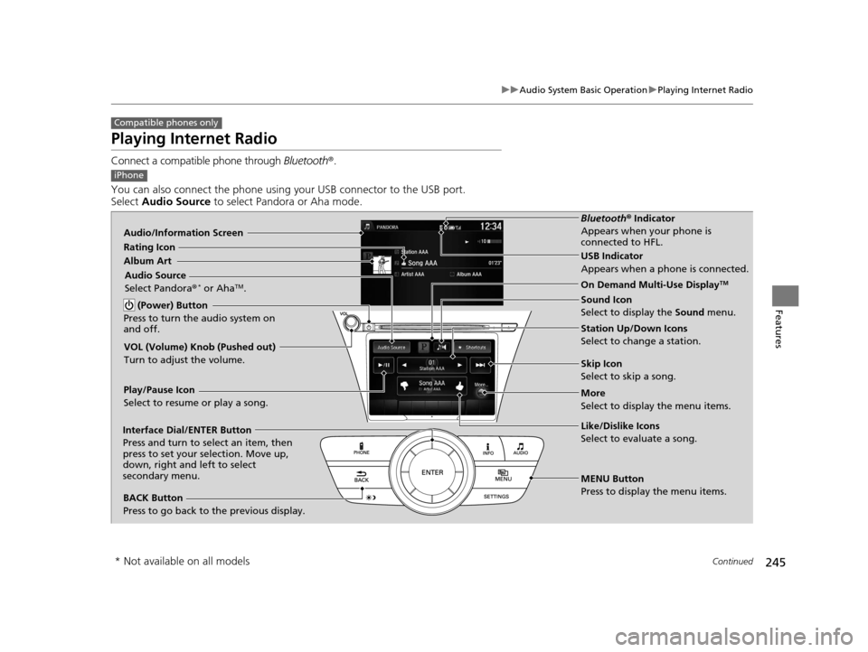 Acura MDX 2016 Owners Manual 245
uuAudio System Basic Operation uPlaying Internet Radio
Continued
Features
Playing Internet Radio
Connect a compatible phone through Bluetooth®.
You can also connect the phone using your USB conn Acura MDX 2016 Owners Manual 245
uuAudio System Basic Operation uPlaying Internet Radio
Continued
Features
Playing Internet Radio
Connect a compatible phone through Bluetooth®.
You can also connect the phone using your USB conn