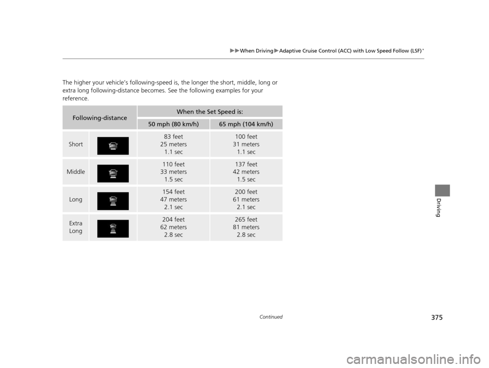 Acura MDX 2016  Owners Manual 375
uuWhen Driving uAdaptive Cruise Control (ACC) with Low Speed Follow (LSF)*
Continued
Driving
The higher your vehicle’s following-speed is, the longer the short, middle, long or 
extra long follo