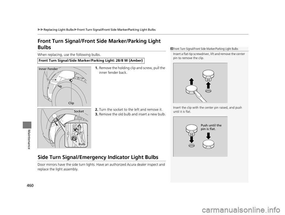 Acura MDX 2016  Owners Manual 460
uuReplacing Light Bulbs uFront Turn Signal/Front Side Marker/Parking Light Bulbs
Maintenance
Front Turn Signal/Front Side Marker/Parking Light 
Bulbs
When replacing, use the following bulbs.
1.Rem