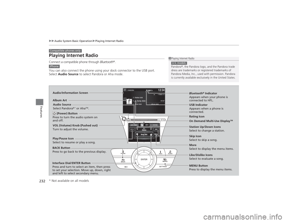 Acura MDX 2015 Owners Manual 232
uuAudio System Basic Operation uPlaying Internet Radio
Features
Playing Internet RadioConnect a compatible phone through Bluetooth®.
You can also connect the phone using your dock connector to t Acura MDX 2015 Owners Manual 232
uuAudio System Basic Operation uPlaying Internet Radio
Features
Playing Internet RadioConnect a compatible phone through Bluetooth®.
You can also connect the phone using your dock connector to t