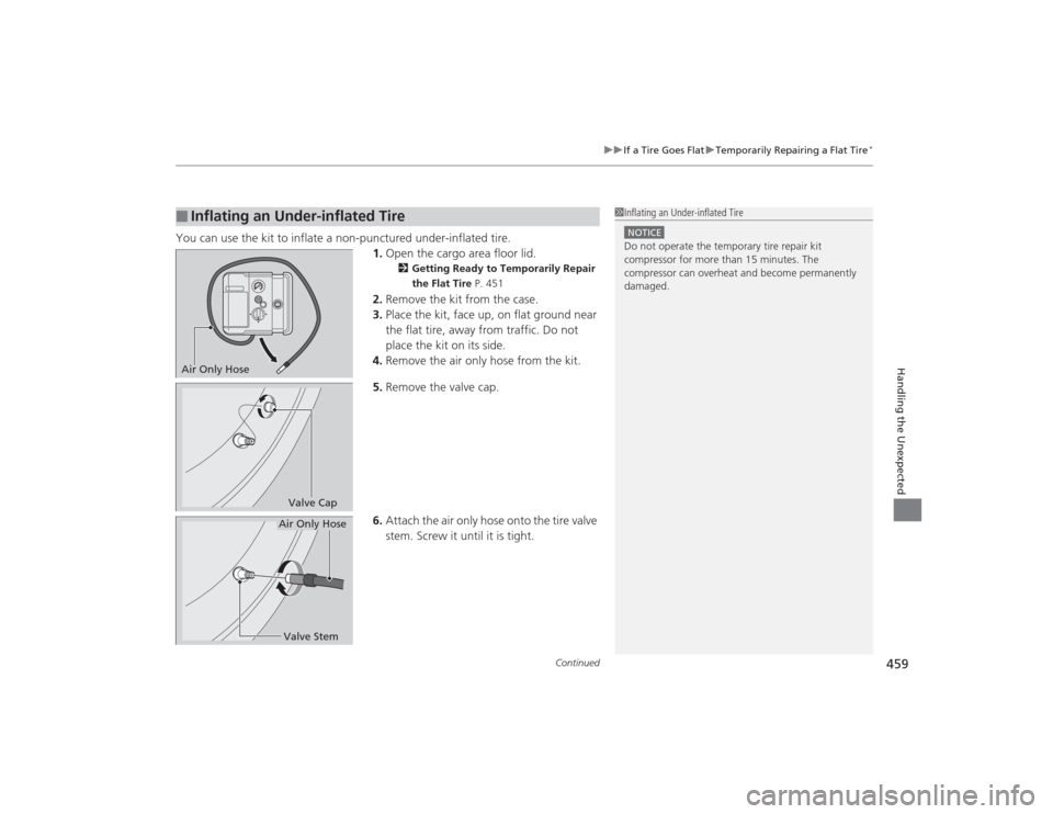 Acura MDX 2015  Owners Manual Continued
459
uuIf a Tire Goes Flat uTemporarily Repairing a Flat Tire
*
Handling the Unexpected
You can use the kit to inflate a non-punctured under-inflated tire.
1.Open the cargo area floor lid.
2 