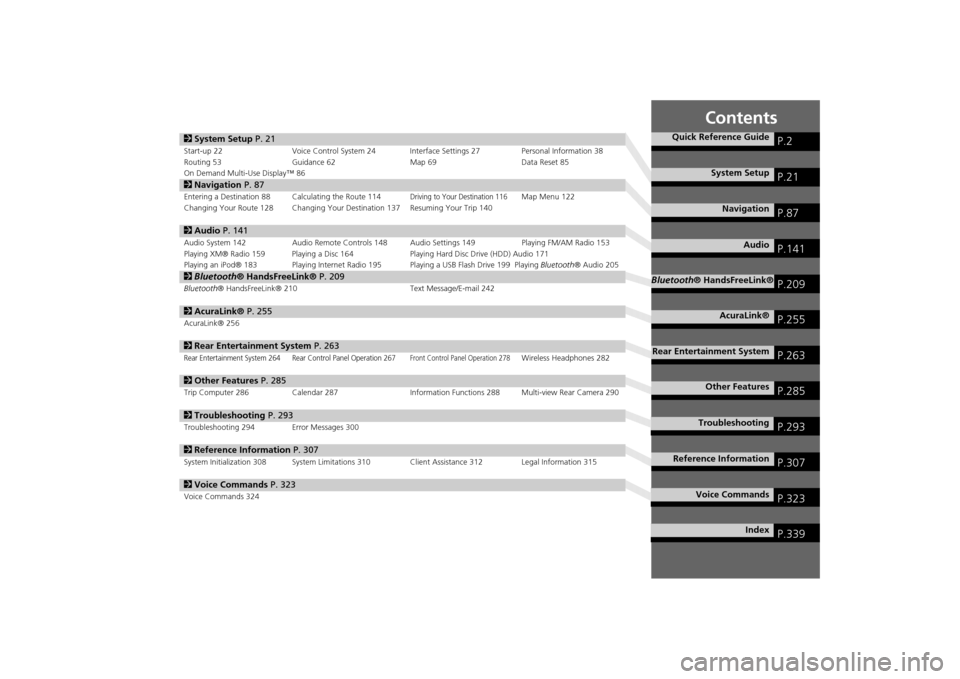 Acura MDX 2014  Navigation Manual           Contents
2System Setup  P. 21Start-up 22 Voice Control System 24 Interface Settings 27 Personal Information 38
Routing 53 Guidance 62 Map 69Data Reset 85
On Demand Multi-Use Display™ 862 N
