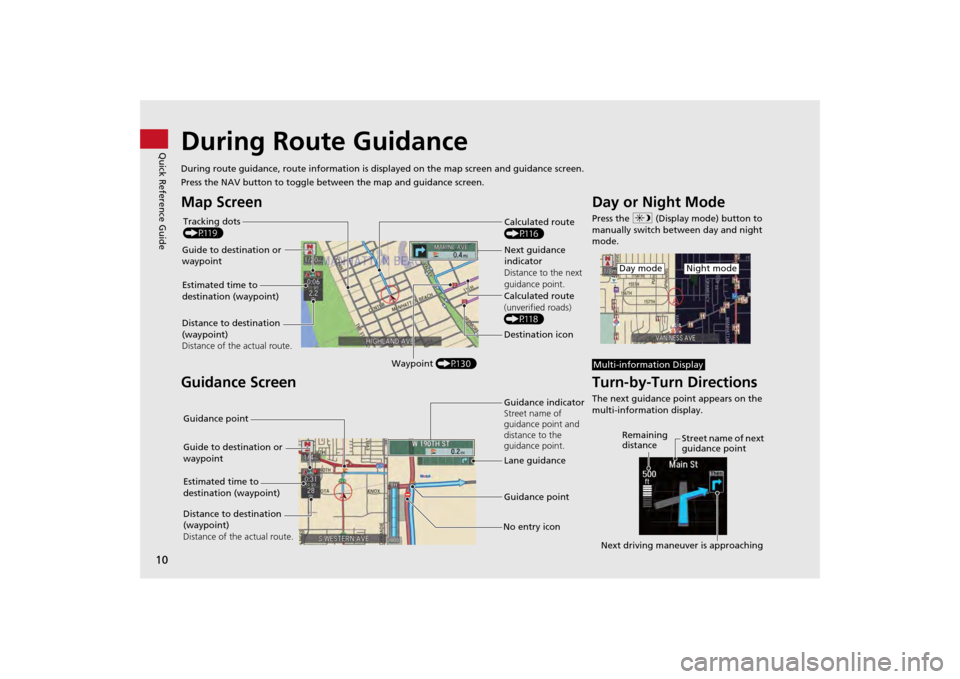 Acura MDX 2014  Navigation Manual 10Quick Reference Guide
During Route GuidanceDuring route guidance, route information is displayed on the map screen and guidance screen.
Press the NAV button to toggle between the map and guidance sc