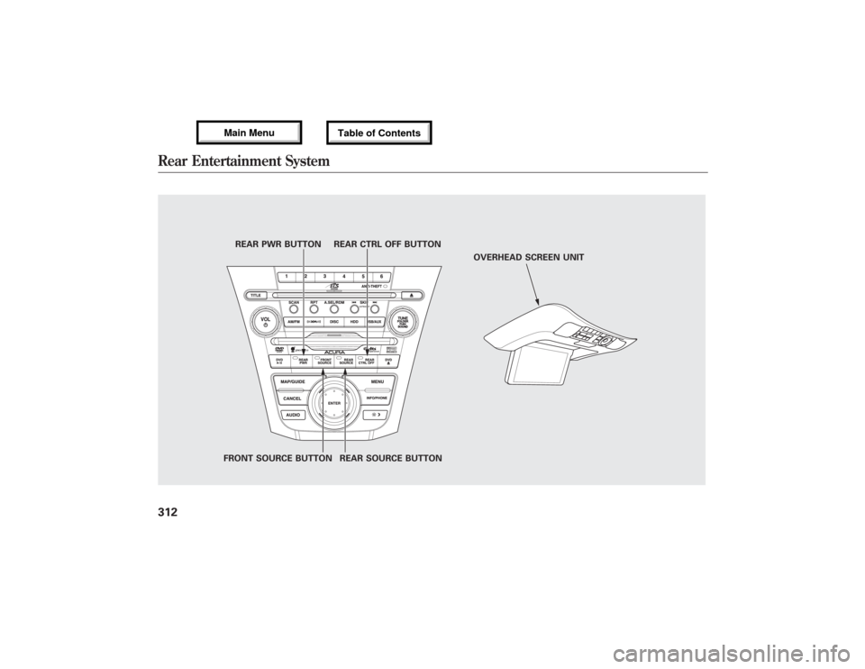 Acura MDX 2013  Owners Manual REAR PWR BUTTON REAR CTRL OFF BUTTON
FRONT SOURCE BUTTON REAR SOURCE BUTTONOVERHEAD SCREEN UNIT
Rear Entertainment System31212/07/17 18:10:57 13 ACURA MDX MMC North America Owners M 50 31STX660 enu 
