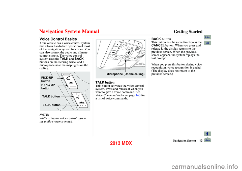 Acura MDX 2013  Navigation Manual Navigation System13
      
Getting Started
Voice Control Basics
Your vehicle has a voice control system 
that allows hands-free operation of most 
of the navigation system functions. You 
can also con