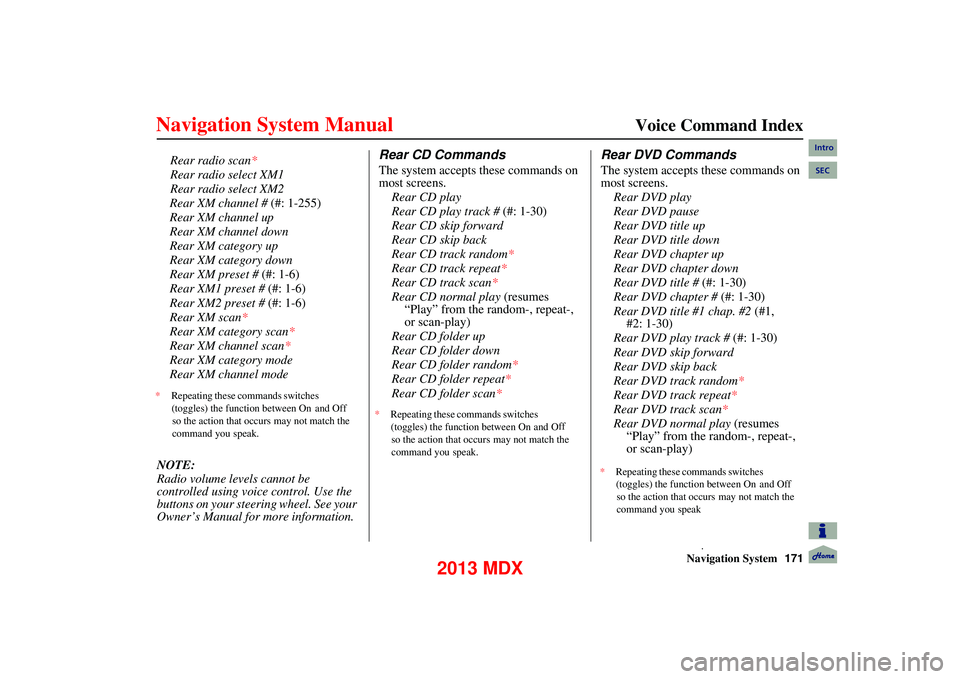 Acura MDX 2013  Navigation Manual Navigation System171
      
Voice Command Index
Rear XM channel # (#: 1-255)
Rear XM channel up
Rear XM channel down
Rear XM category up
Rear XM category down
Rear XM preset #  (#: 1-6)
Rear XM1 prese