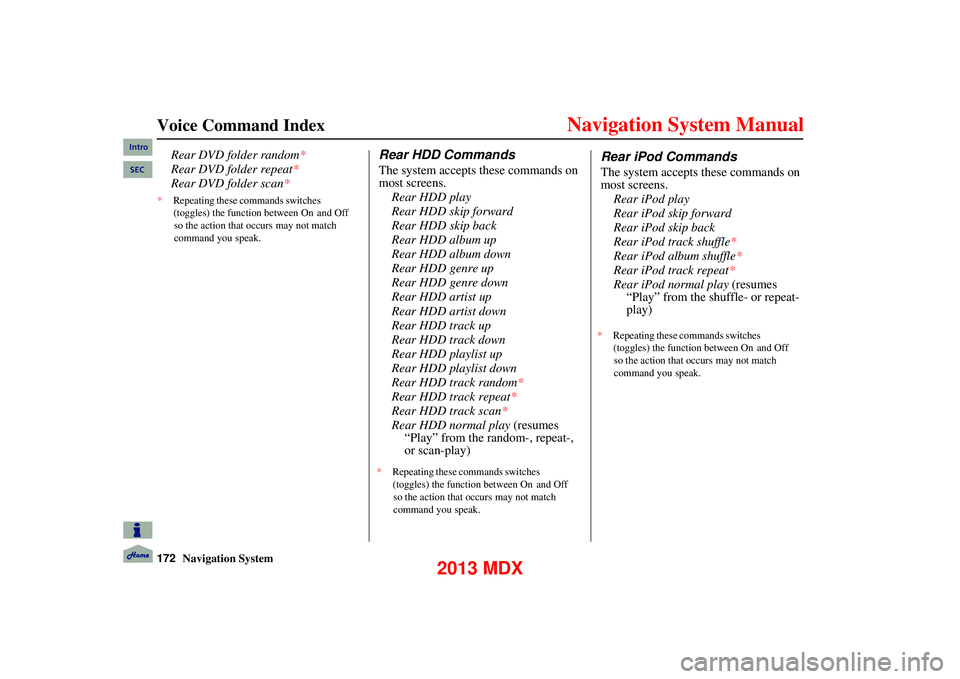 Acura MDX 2013 Navigation Manual 172Navigation System
Voice Command Index
Rear HDD Commands
The system accepts these commands on
most screens.Rear HDD play
Rear HDD skip forward
Rear HDD skip back
Rear HDD album up
Rear HDD a Acura MDX 2013 Navigation Manual 172Navigation System
Voice Command Index
Rear HDD Commands
The system accepts these commands on
most screens.Rear HDD play
Rear HDD skip forward
Rear HDD skip back
Rear HDD album up
Rear HDD a
