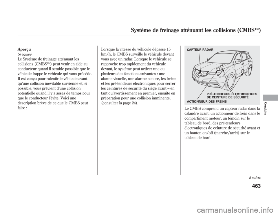 Acura MDX 2012 Manuel du propriétaire (in French) AperçuSi équipéLe Système de freinage atténuant les
collisions (CMBS
TM) peut venir en aide au
conducteur quand il semble possible que le
véhicule frappe le véhicule qui vous précède.
Il est Acura MDX 2012 Manuel du propriétaire (in French) AperçuSi équipéLe Système de freinage atténuant les
collisions (CMBS
TM) peut venir en aide au
conducteur quand il semble possible que le
véhicule frappe le véhicule qui vous précède.
Il est