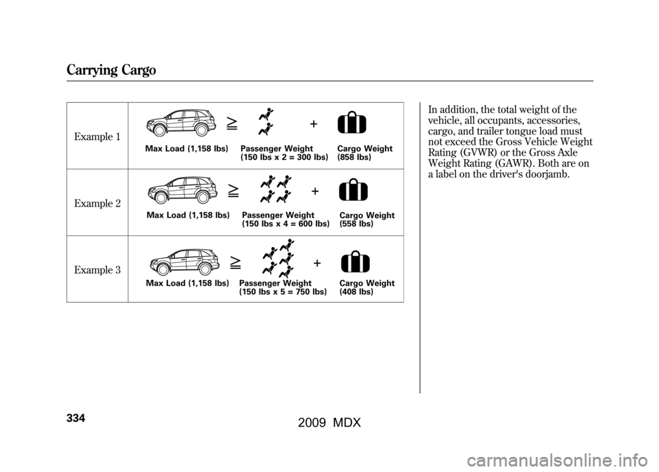 Acura MDX 2009  Owners Manual Example 1
Example 2
Example 3In addition, the total weight of the
vehicle, all occupants, accessories,
cargo, and trailer tongue load must
not exceed the Gross Vehicle Weight
Rating (GVWR) or the Gros