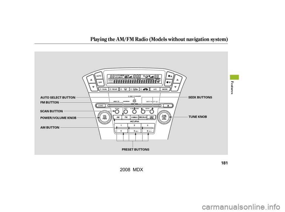Acura MDX 2008  Owners Manual Playing the A M/FM Radio (Models without navigation system)
Features
181
TUNE KNOB
SCAN BUTTON SEEK BUTTONS
PRESET BUTTONS
AUTO SELECT BUTTON 
FM BUTTON 
AM BUTTON 
POWER/VOLUME KNOB
\f—\f