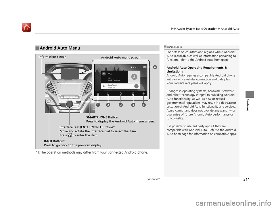 Acura MDX HYBRID 2019 Owners Manual Continued311
uuAudio System Basic Operation uAndroid Auto
Features
*1:The operation methods may differ from your connected Android phone.
■Android Auto Menu1Android Auto
For details on c ountries an Acura MDX HYBRID 2019 Owners Manual Continued311
uuAudio System Basic Operation uAndroid Auto
Features
*1:The operation methods may differ from your connected Android phone.
■Android Auto Menu1Android Auto
For details on c ountries an