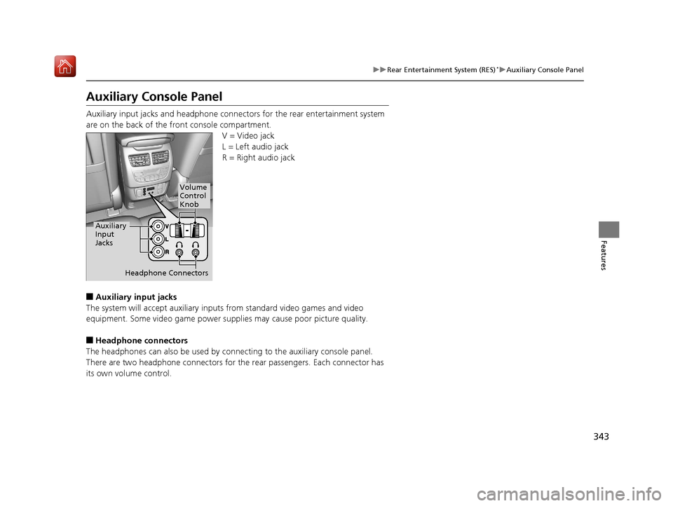 Acura MDX HYBRID 2019  Owners Manual 343
uuRear Entertainment System (RES)*uAuxiliary Console Panel
Features
Auxiliary Console Panel
Auxiliary input jacks and headphone connectors for the rear entertainment system 
are on the back of the