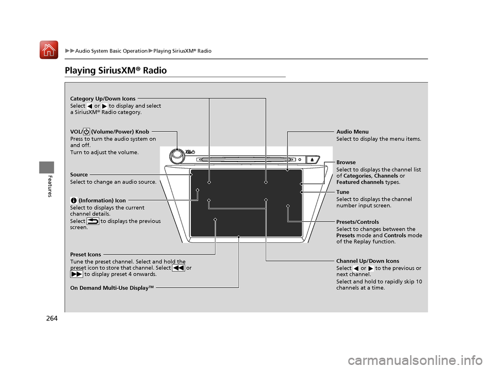 Acura MDX HYBRID 2018 Owners Manual 264
uuAudio System Basic Operation uPlaying SiriusXM ® Radio
Features
Playing SiriusXM ® Radio
On Demand Multi-Use DisplayTM
VOL/ (Volume/Power) Knob
Press to turn the audio system on
and off.
Tur Acura MDX HYBRID 2018 Owners Manual 264
uuAudio System Basic Operation uPlaying SiriusXM ® Radio
Features
Playing SiriusXM ® Radio
On Demand Multi-Use DisplayTM
VOL/ (Volume/Power) Knob
Press to turn the audio system on
and off.
Tur