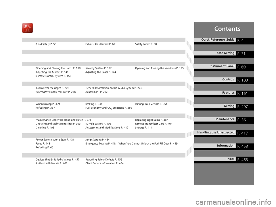 Acura NSX 2017  Owners Manual Contents
Child Safety P. 58Exhaust Gas Hazard P. 67Safety Labels P. 68
Opening and Closing the Hatch P. 119 Security System P. 122 Opening and Closing the Windows P. 125
Adjusting the Mirrors P. 141 A