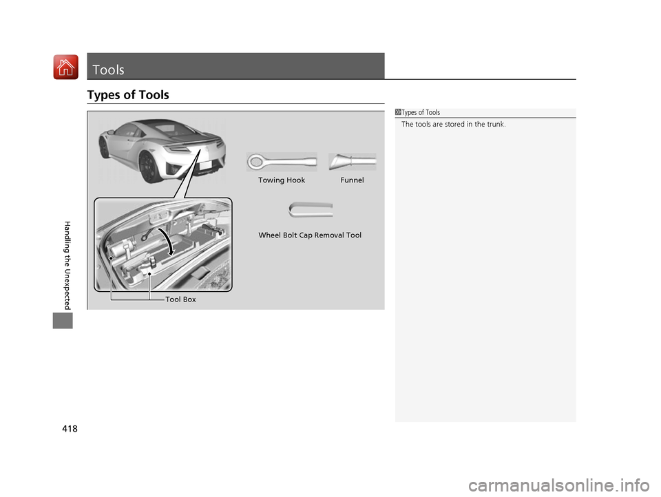 Acura NSX 2017  Owners Manual 418
Handling the Unexpected
Tools
Types of Tools
1Types of Tools
The tools are stored in the trunk.
Towing Hook Funnel
Tool Box
Wheel Bolt Cap Removal Tool
17 NSX-31T6N6000.book  418 ページ  ２０