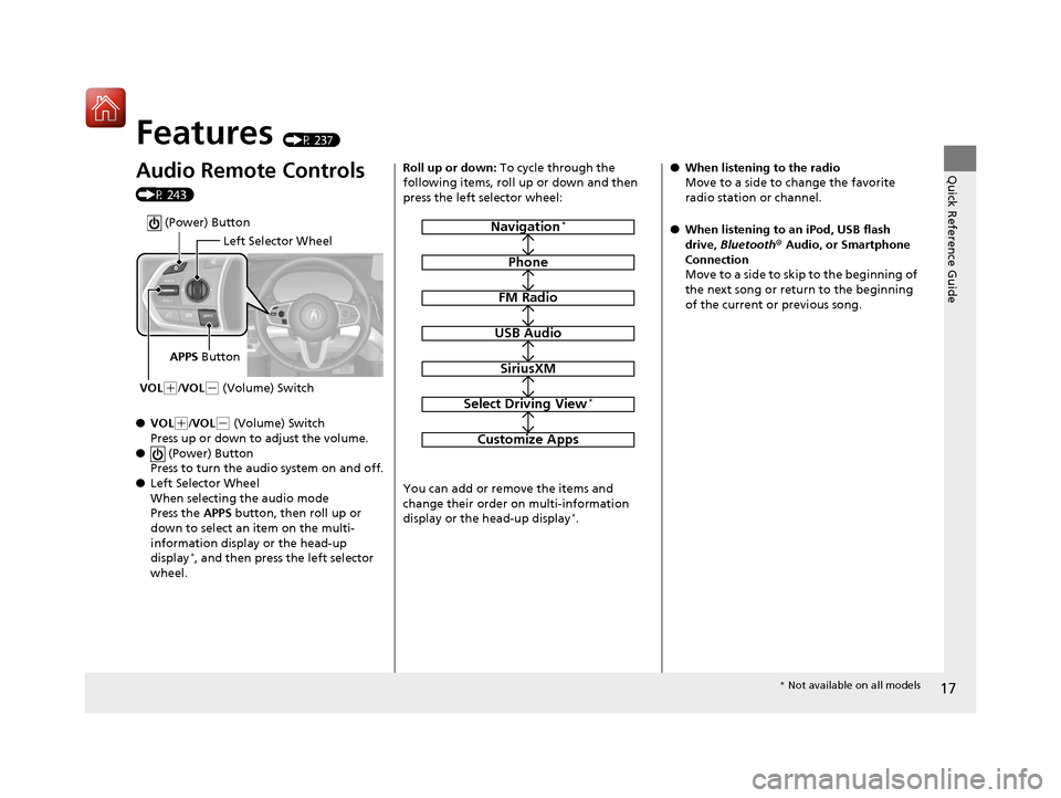 Acura RDX 2020 Owners Manual 17
Quick Reference Guide
Features (P 237)
Audio Remote Controls
(P 243)
●VOL
(+/VOL( - (Volume) Switch
Press up or down to adjust the volume.
● (Power) Button
Press to turn the audio system on Acura RDX 2020 Owners Manual 17
Quick Reference Guide
Features (P 237)
Audio Remote Controls
(P 243)
●VOL
(+/VOL( - (Volume) Switch
Press up or down to adjust the volume.
● (Power) Button
Press to turn the audio system on