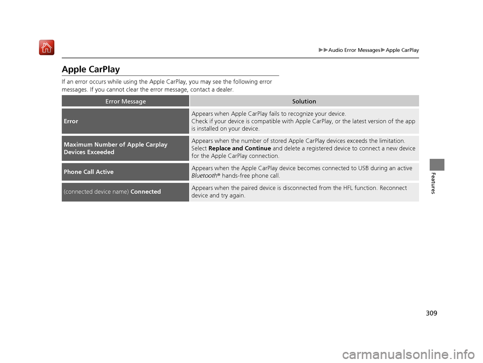 Acura RDX 2019  Owners Manual 309
uuAudio Error Messages uApple CarPlay
Features
Apple CarPlay
If an error occurs  while using the Apple CarPlay, you may see the following error 
messages. If you cannot clear th e error message, c