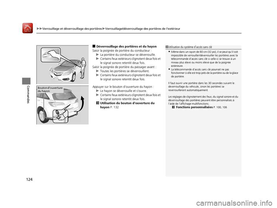 Acura RDX 2017 Manuel du propriétaire (in French) uuVerrouillage et déverrouillage des portières uVerrouillage/déverrouillage des portières de l’extérieur
124
Commandes
■Déverrouillage des portières et du hayon
Saisir la poignée de porti Acura RDX 2017 Manuel du propriétaire (in French) uuVerrouillage et déverrouillage des portières uVerrouillage/déverrouillage des portières de l’extérieur
124
Commandes
■Déverrouillage des portières et du hayon
Saisir la poignée de porti