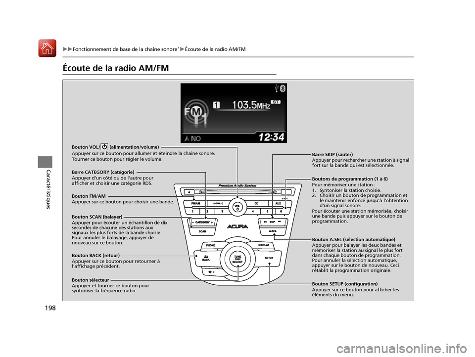 Acura RDX 2017 Manuel du propriétaire (in French) 198
uuFonctionnement de base de la chaîne sonore*uÉcoute de la radio AM/FM
Caractéristiques
Écoute de la radio AM/FM
Bouton BACK (retour)
Appuyer sur ce bouton pour retourner à
l’affichage pr Acura RDX 2017 Manuel du propriétaire (in French) 198
uuFonctionnement de base de la chaîne sonore*uÉcoute de la radio AM/FM
Caractéristiques
Écoute de la radio AM/FM
Bouton BACK (retour)
Appuyer sur ce bouton pour retourner à
l’affichage pr
