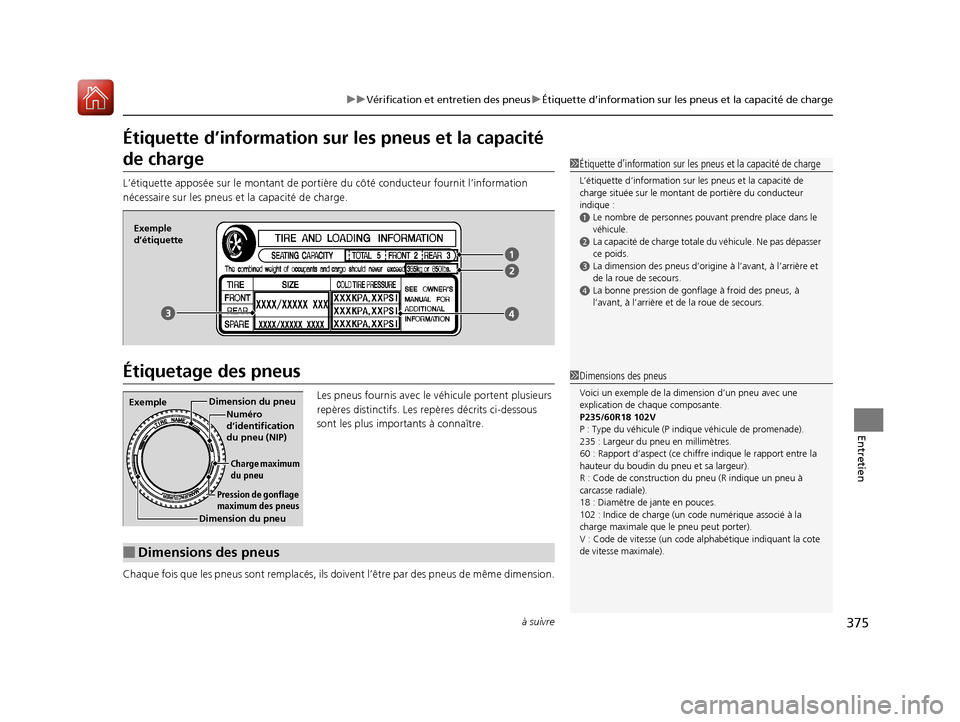 Acura RDX 2017 Manuel du propriétaire (in French) 375
uuVérification et entretien des pneus uÉtiquette d’information sur les pneus et la capacité de charge
à suivre
Entretien
Étiquette d’information sur les pneus et la capacité
de charge
Acura RDX 2017 Manuel du propriétaire (in French) 375
uuVérification et entretien des pneus uÉtiquette d’information sur les pneus et la capacité de charge
à suivre
Entretien
Étiquette d’information sur les pneus et la capacité
de charge