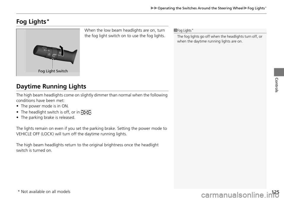 Acura RDX 2015  Owners Manual 125
uuOperating the Switches Around the Steering Wheel uFog Lights*
Controls
Fog Lights*
When the low beam headlights are on, turn 
the fog light switch on to use the fog lights.
Daytime Running Light