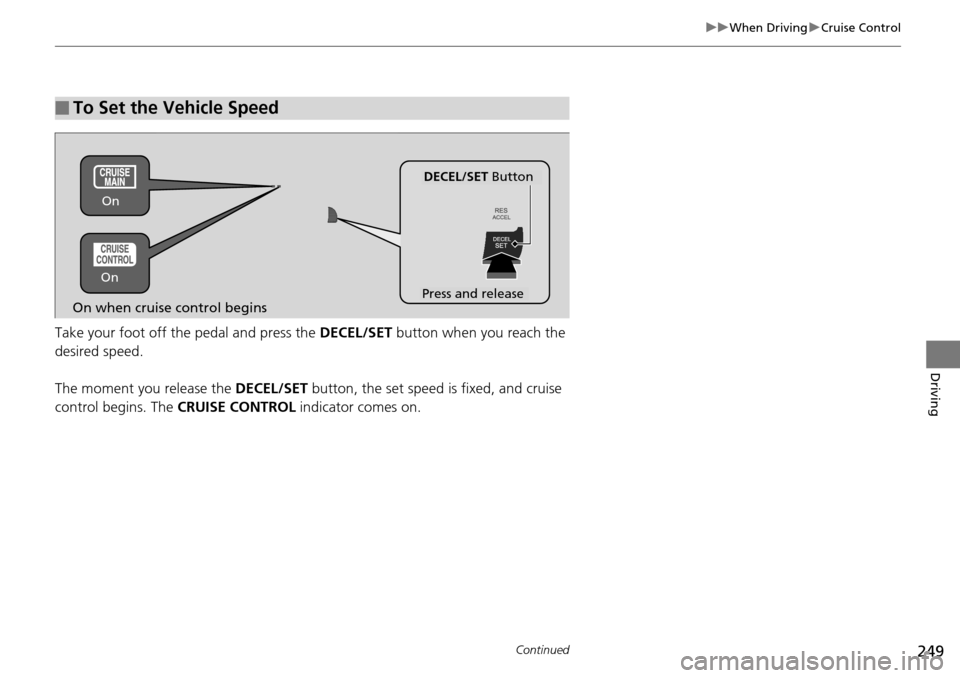 Acura RDX 2015  Owners Manual 249
uuWhen Driving uCruise Control
Continued
Driving
Take your foot off the pedal and press the  DECEL/SET button when you reach the 
desired speed.
The moment you release the DECEL/SET  button, the s