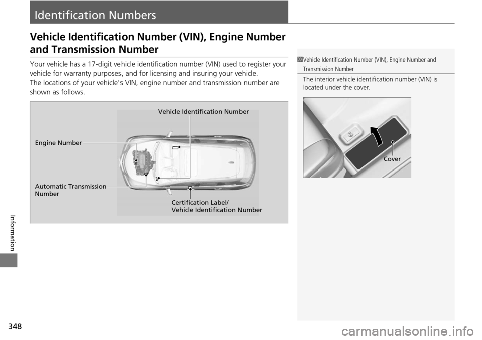 Acura RDX 2015  Owners Manual 348
Information
Identification Numbers
Vehicle Identification Number (VIN), Engine Number 
and Transmission Number
Your vehicle has a 17-digit vehicle identifi cation number (VIN) used to register you
