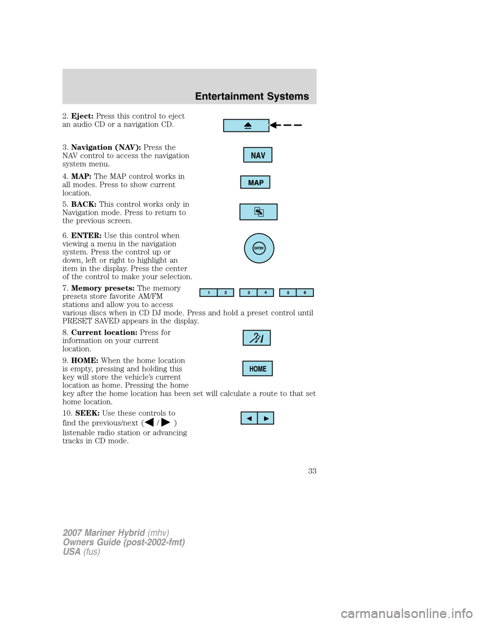 Mercury Mariner Hybrid 2007 Owners Manuals 2.Eject:Press this control to eject
an audio CD or a navigation CD.
3.Navigation (NAV):Press the
NAV control to access the navigation
system menu.
4.MAP:The MAP control works in
all modes. Press to sh Mercury Mariner Hybrid 2007 Owners Manuals 2.Eject:Press this control to eject
an audio CD or a navigation CD.
3.Navigation (NAV):Press the
NAV control to access the navigation
system menu.
4.MAP:The MAP control works in
all modes. Press to sh