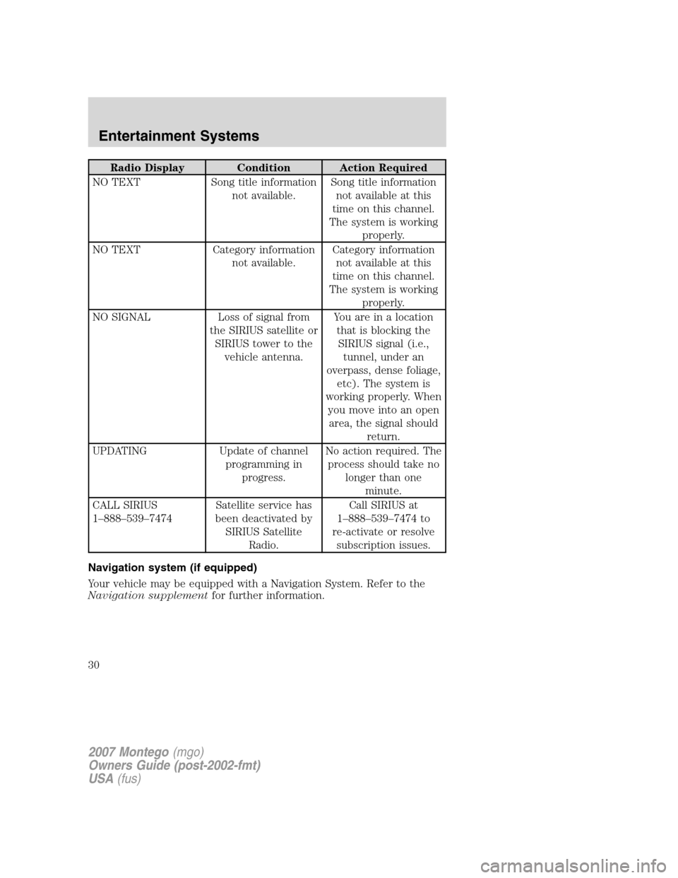 Mercury Montego 2007  Owners Manuals Radio Display Condition Action Required
NO TEXT Song title information
not available.Song title information
not available at this
time on this channel.
The system is working
properly.
NO TEXT Category