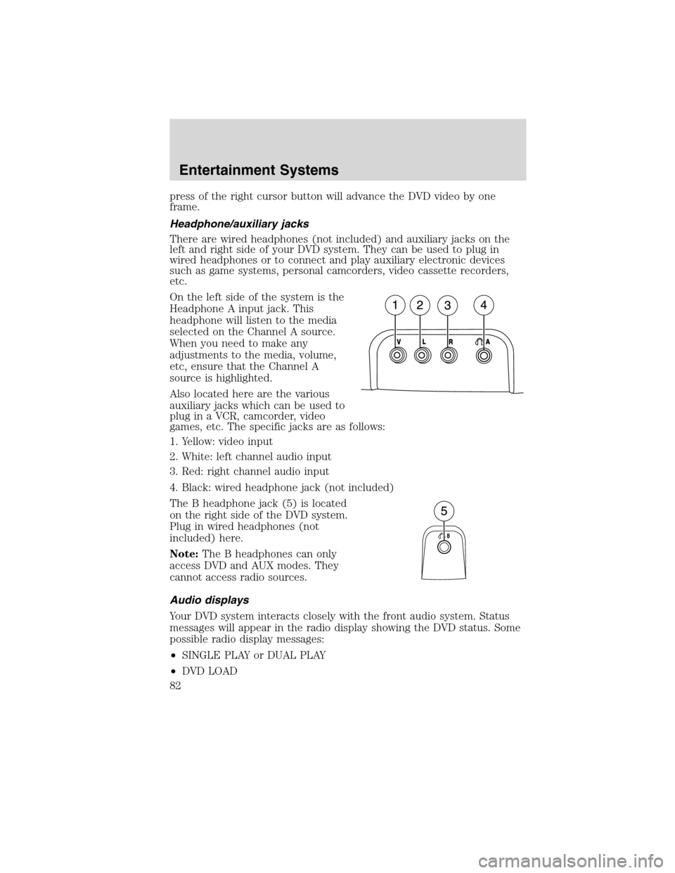 Mercury Mountaineer 2010 Owners Manuals press of the right cursor button will advance the DVD video by one
frame.
Headphone/auxiliary jacks
There are wired headphones (not included) and auxiliary jacks on the
left and right side of your DVD Mercury Mountaineer 2010 Owners Manuals press of the right cursor button will advance the DVD video by one
frame.
Headphone/auxiliary jacks
There are wired headphones (not included) and auxiliary jacks on the
left and right side of your DVD