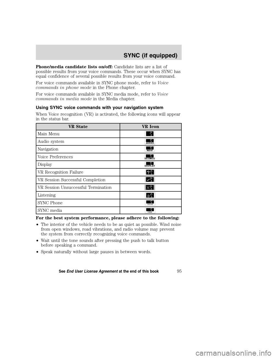 Mercury Mountaineer 2008  Pioneer Navigation System Supplement Phone/media candidate lists on/off:Candidate lists are a list of
possible results from your voice commands. These occur when SYNC has
equal confidence of several possible results from your voice comma