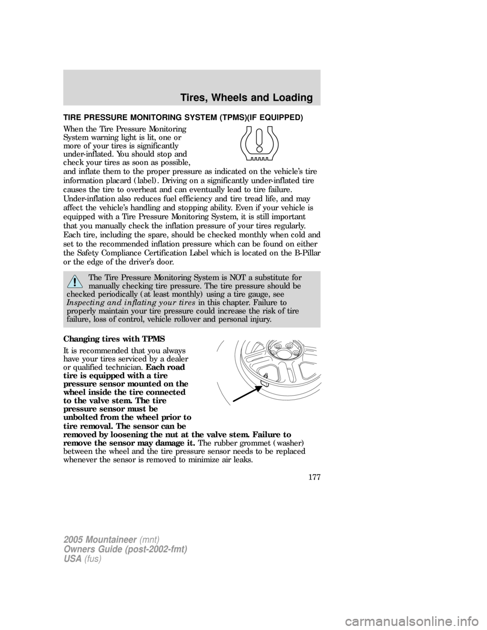 Mercury Mountaineer 2005  Owners Manuals TIRE PRESSURE MONITORING SYSTEM (TPMS)(IF EQUIPPED)
When the Tire Pressure Monitoring
System warning light is lit, one or
more of your tires is significantly
under-inflated. You should stop and
check 