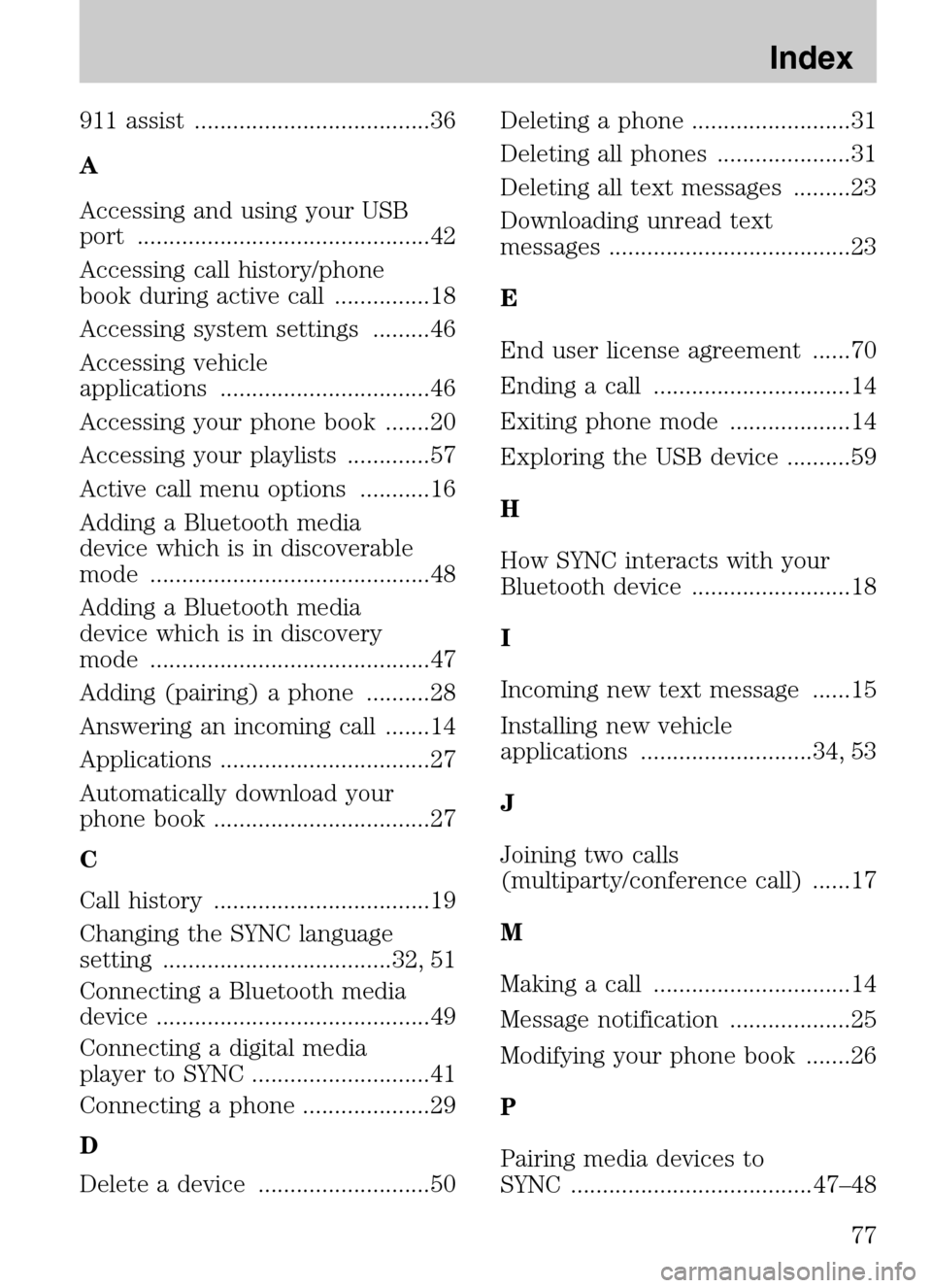 Mercury Sable 2009  SYNC Supplement  911 assist .....................................36 
A
Accessing and using your USB 
port ..............................................42 
Accessing call history/phone 
book during active call .......