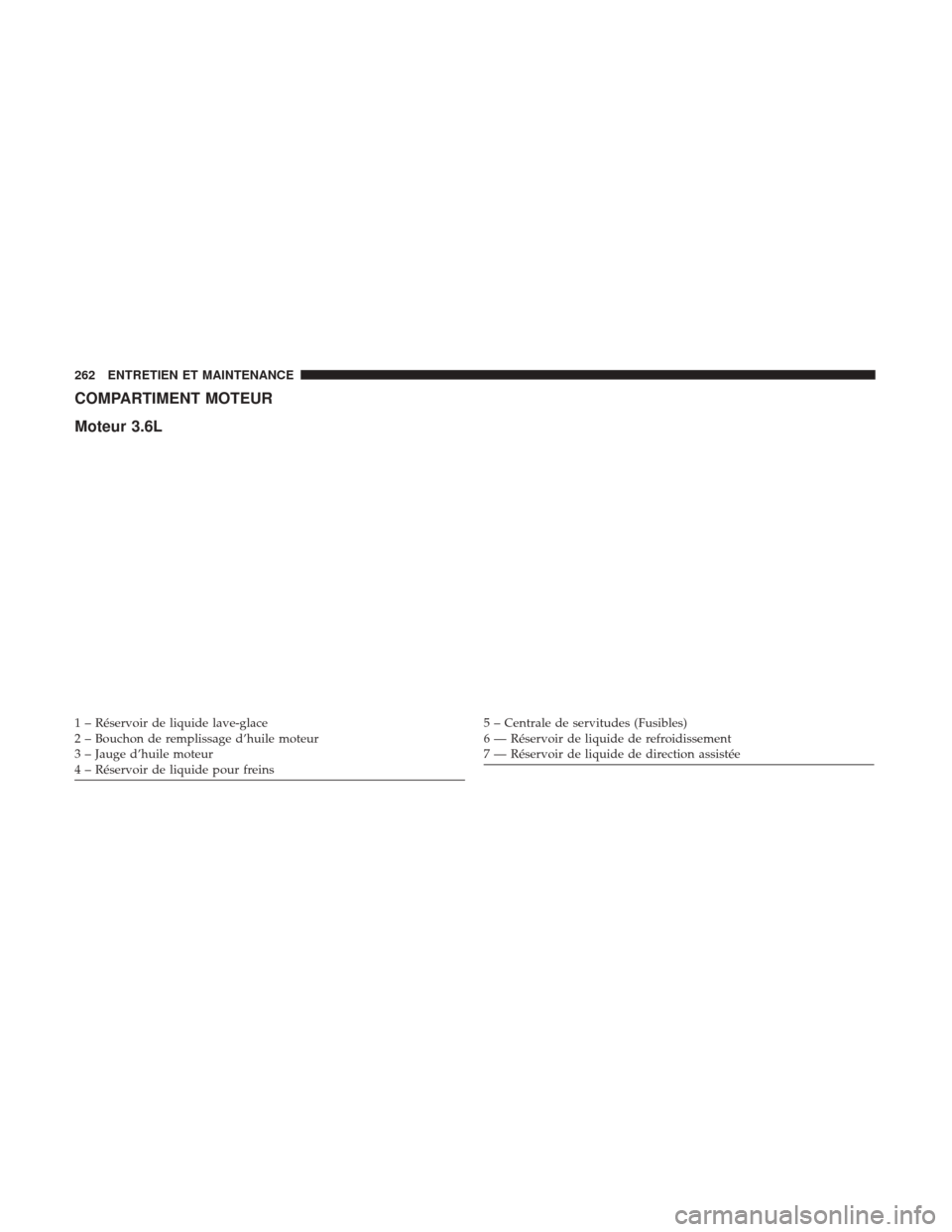 Ram ProMaster 2018  Manuel du propriétaire (in French)  COMPARTIMENT MOTEUR
Moteur 3.6L
1 – Réservoir de liquide lave-glace
2 – Bouchon de remplissage d’huile moteur
3 – Jauge d’huile moteur
4 – Réservoir de liquide pour freins5 – Centrale 