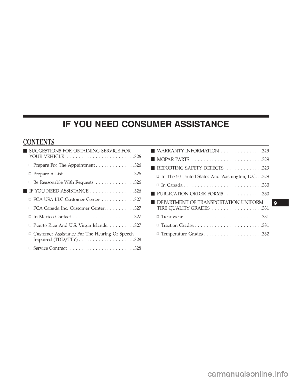 Ram ProMaster 2017 Owners Manual IF YOU NEED CONSUMER ASSISTANCE
CONTENTS
SUGGESTIONS FOR OBTAINING SERVICE FOR
YOUR VEHICLE ....................... .326
▫ Prepare For The Appointment ..............326
▫ Prepare A List ......... Ram ProMaster 2017 Owners Manual IF YOU NEED CONSUMER ASSISTANCE
CONTENTS
SUGGESTIONS FOR OBTAINING SERVICE FOR
YOUR VEHICLE ....................... .326
▫ Prepare For The Appointment ..............326
▫ Prepare A List .........