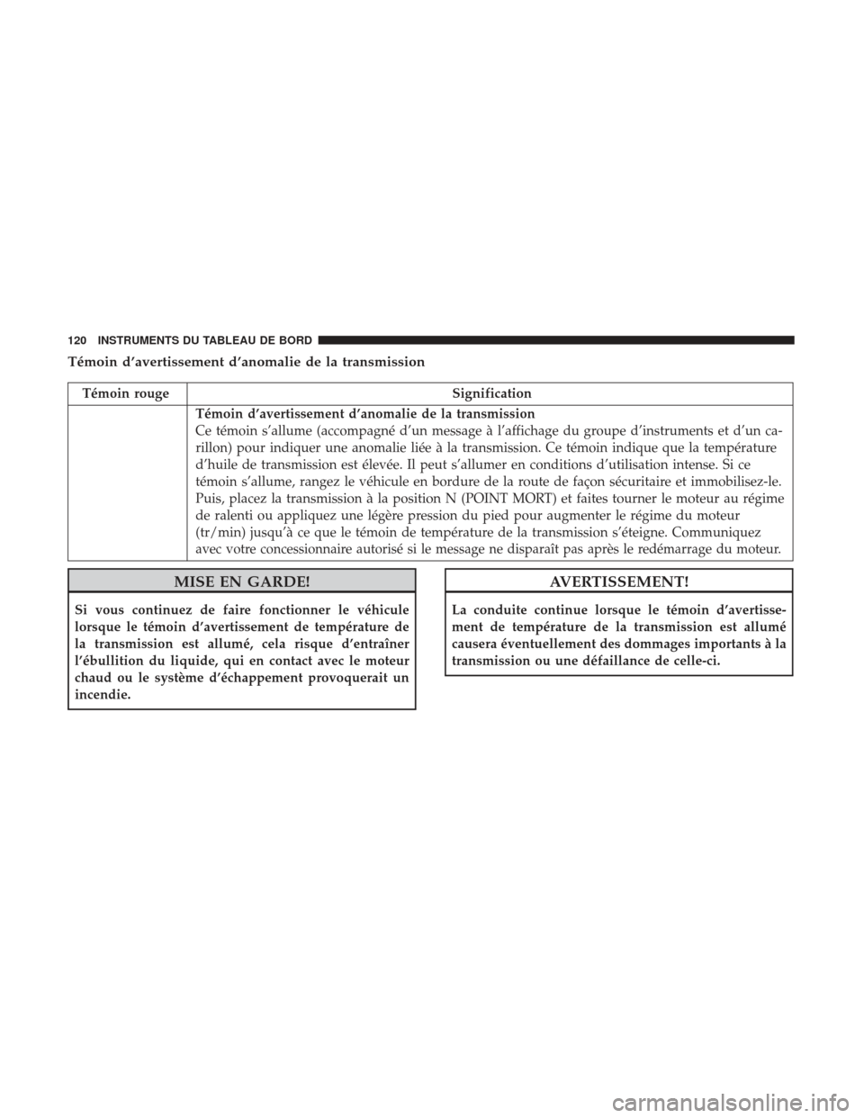Ram ProMaster 2017 Manuel du propriétaire (in French) Témoin d’avertissement d’anomalie de la transmission
Témoin rougeSignification
Témoin d’avertissement d’anomalie de la transmission
Ce témoin s’allume (accompagné d’un message à l’ Ram ProMaster 2017 Manuel du propriétaire (in French) Témoin d’avertissement d’anomalie de la transmission
Témoin rougeSignification
Témoin d’avertissement d’anomalie de la transmission
Ce témoin s’allume (accompagné d’un message à l’