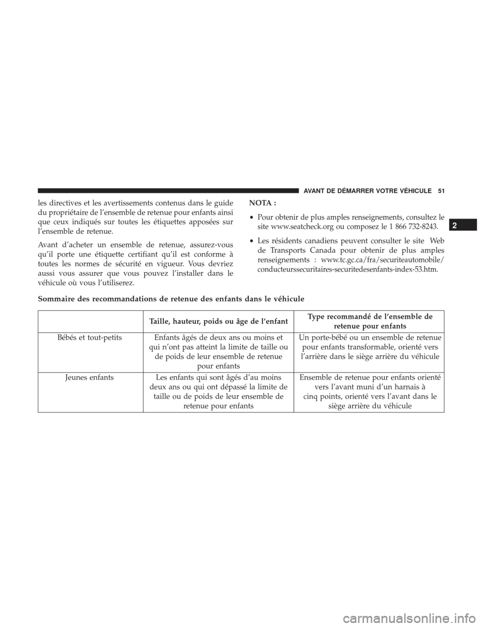 Ram ProMaster 2017  Manuel du propriétaire (in French)  les directives et les avertissements contenus dans le guide
du propriétaire de l’ensemble de retenue pour enfants ainsi
que ceux indiqués sur toutes les étiquettes apposées sur
l’ensemble de r