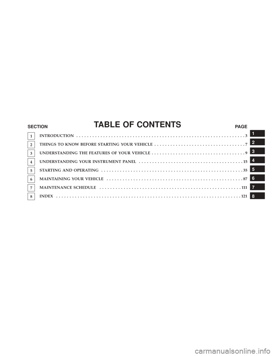 Ram ProMaster 2015  Diesel Supplement TABLE OF CONTENTSSECTIONPAGE
1INTRODUCTION .
..............................................................3
2THINGS TO KNOW BEFORE STARTING YOUR VEHICLE
..................................7
3UNDERSTAN