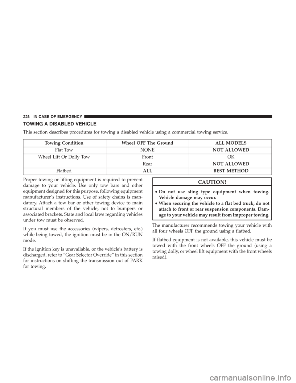 Ram ProMaster City 2019 Owners Manual TOWING A DISABLED VEHICLE
This section describes procedures for towing a disabled vehicle using a commercial towing service.
Towing ConditionWheel OFF The Ground ALL MODELS
Flat Tow NONENOT ALLOWED
Wh Ram ProMaster City 2019 Owners Manual TOWING A DISABLED VEHICLE
This section describes procedures for towing a disabled vehicle using a commercial towing service.
Towing ConditionWheel OFF The Ground ALL MODELS
Flat Tow NONENOT ALLOWED
Wh