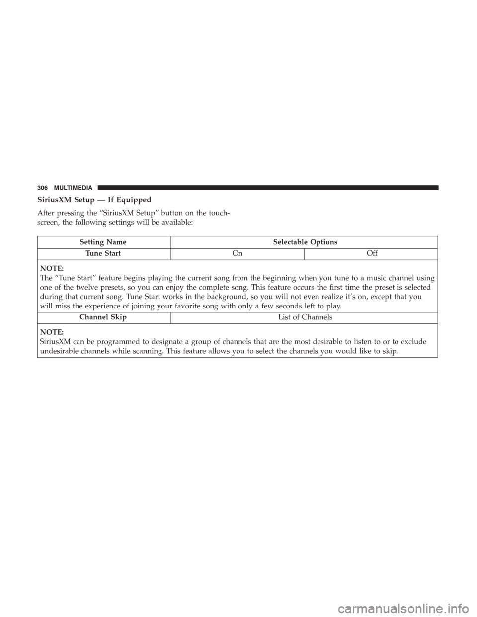 Ram ProMaster City 2019  Owners Manual SiriusXM Setup — If Equipped
After pressing the “SiriusXM Setup” button on the touch-
screen, the following settings will be available:
Setting NameSelectable Options
Tune Start OnOff
NOTE:
The 